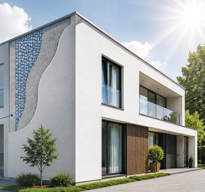 Modernes Einfamilienhaus mit sichtbarem Schichtaufbau der Nanofassadendämmung an der Fassadenkante