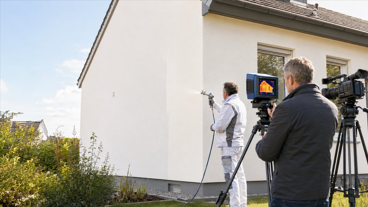 Live-Vorführung mit Wärmebildkamera: Applikation der Nanofassadendämmung wird für eine Videoaufnahme dokumentiert