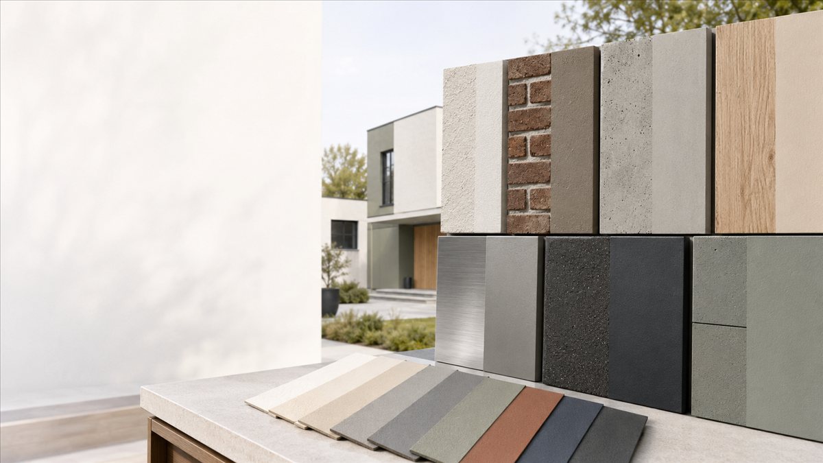 Materialmuster verschiedener Fassadenoberflächen und Farbtöne — Putz, Klinker, Beton, Holz und Metall