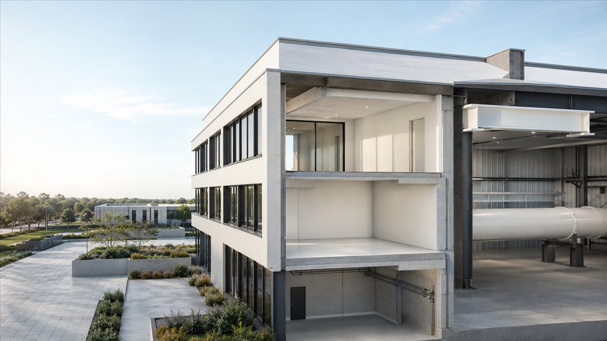 Architektur-Schnittdarstellung eines Gebäudes mit Fassade, Geschossdecken und angrenzender Industriehalle