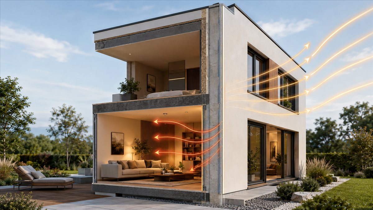 Haus im Querschnitt: Warme Innenraumluft wird an der beschichteten Wand reflektiert, während Wärmeverlust nach außen sichtbar reduziert wird