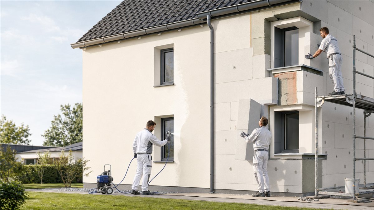 Fassade im direkten Vergleich: links dünne Nanobeschichtung im Spritzverfahren, rechts klassische WDVS-Dämmplatten mit Gerüst
