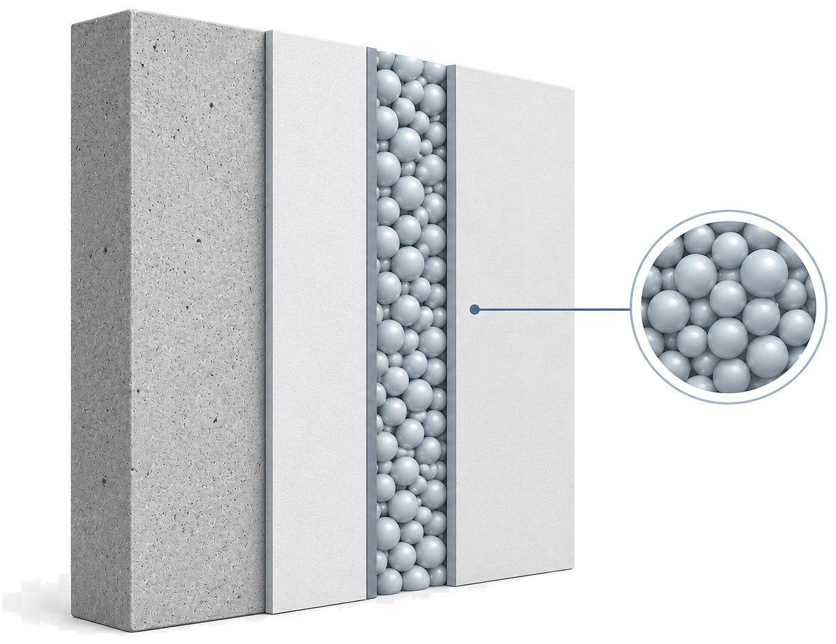 Querschnitt der Beschichtungsschichten auf der Wand, eine Vergrößerung zeigt die vakuumgefüllten Keramik-Nanosphären in der Funktionsschicht.