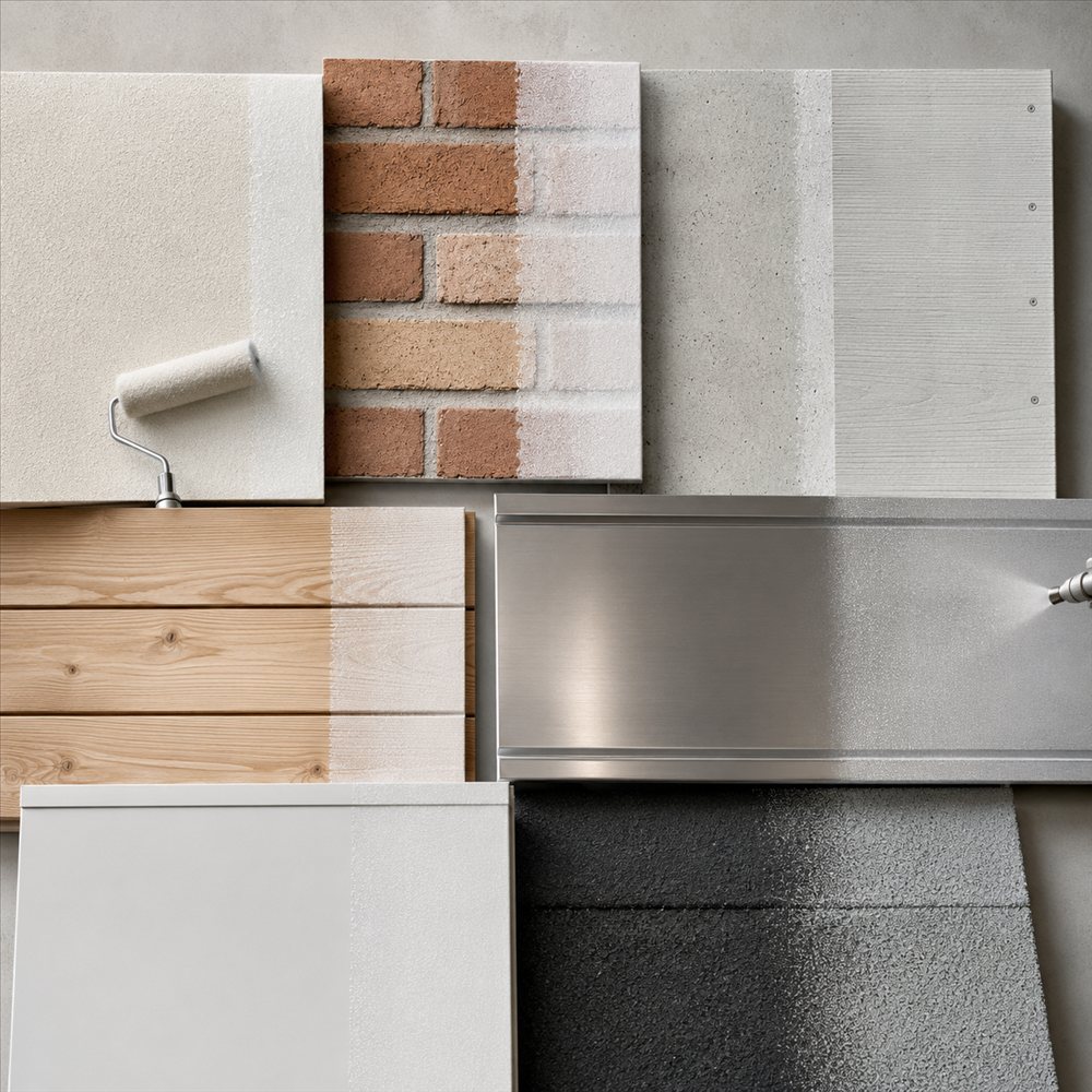 Materialmuster verschiedener Untergründe im Vorher-Nachher-Vergleich mit der Nanobeschichtung: Putz, Klinker, Beton, Holz, Metall und Dachfläche