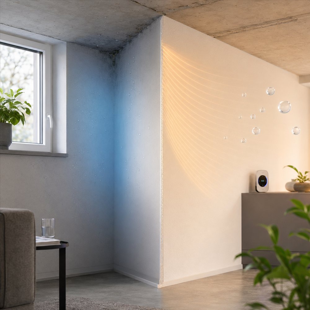 Vergleich einer feuchten, schimmelanfälligen Wandecke mit einer trockenen, mit Nanobeschichtung versehenen Wand, an der Feuchtigkeit gleichmäßig abgeleitet wird