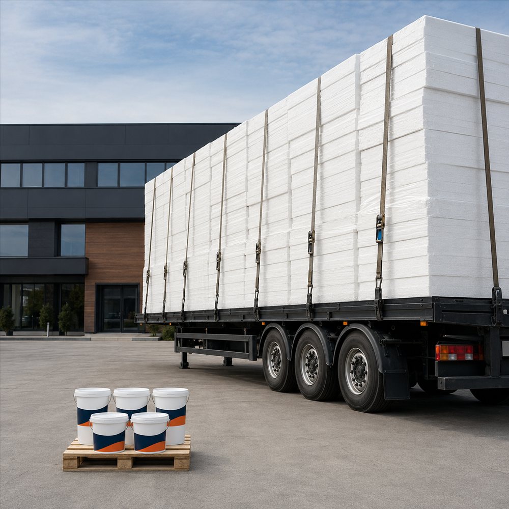 Mengenvergleich: ein LKW voll beladen mit Dämmplatten gegenüber wenigen Eimern Nanobeschichtung für dieselbe Fläche