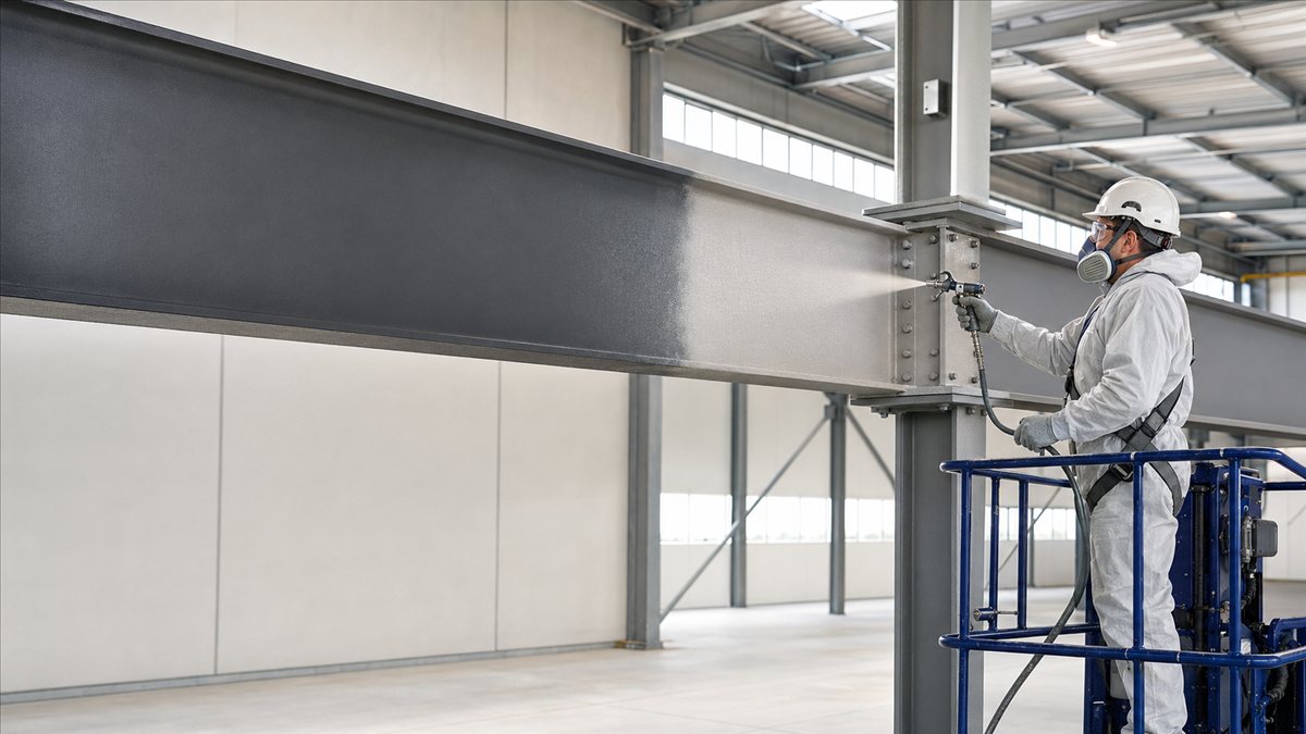 Fachgerechter Auftrag der Nanobrandschutzdämmung per Spritzverfahren auf einen Stahlträger