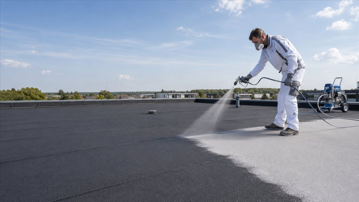 Fachgerechter Auftrag der Nanoflachdachdämmung per Spritzverfahren auf ein Flachdach
