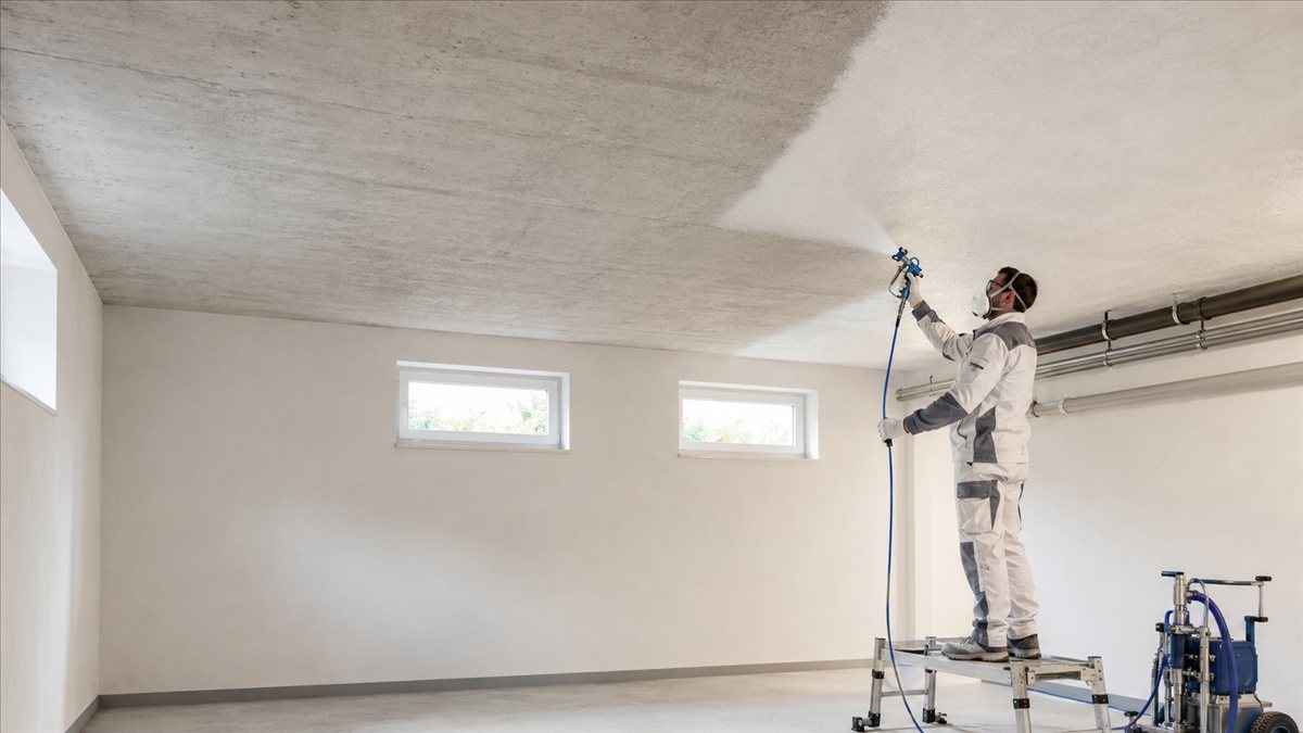 Fachgerechter Auftrag der Nanoinnendämmung per Spritzverfahren auf eine Kellerdecke