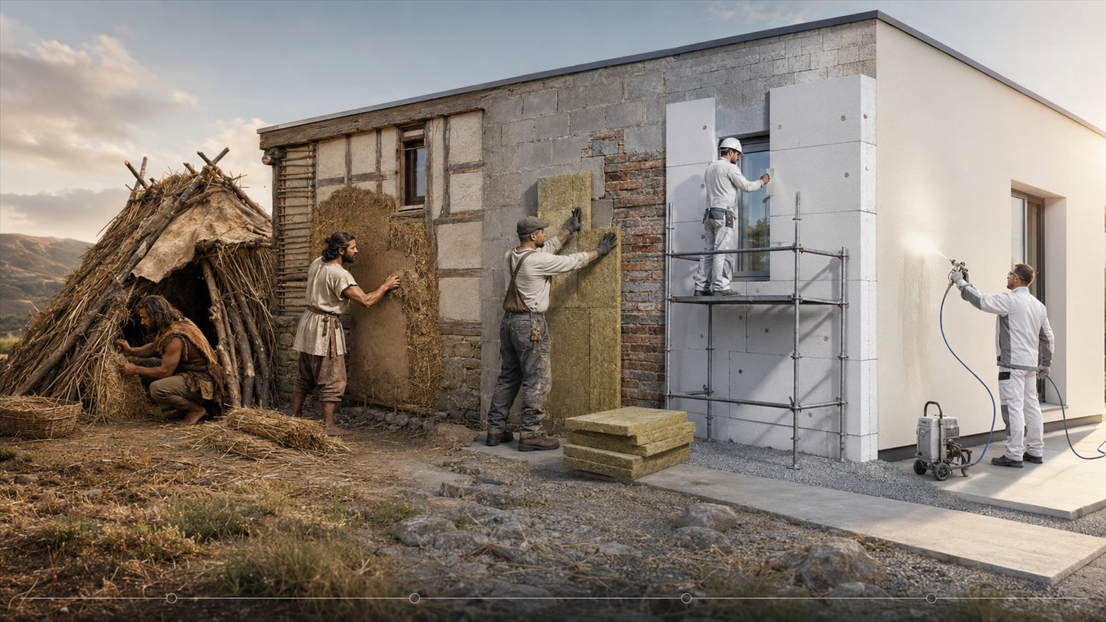 Evolution der Dämmung: von der Reisig- und Lehmhütte der Steinzeit über Fachwerk mit Strohdämmung und Mineralwolle bis zur modernen WDVS-Fassade mit Gerüst und der dünnen Nanobeschichtung im Spritzverfahren