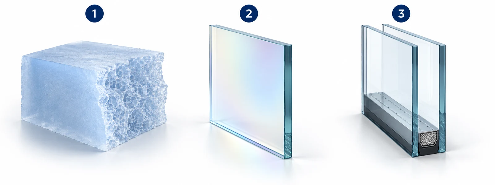 Drei bekannte Anwendungen nebeneinander: ein angeschnittener Aerogel-Block mit feiner Porenstruktur, eine Glasscheibe mit hauchdünner reflektierender Beschichtung und ein Isolierglas-Element mit Scheibenzwischenraum und Randverbund.